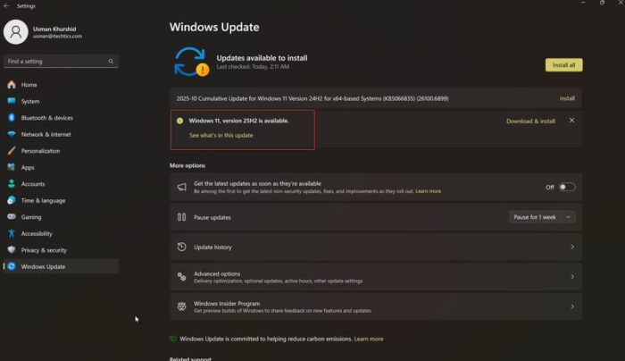 Download Windows 11 25H2 ISO (Direct Download Links) 1 Windows 11 25H2 Available in Windows Update